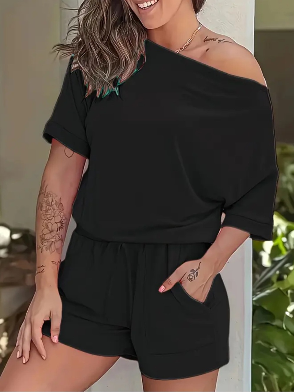 Off-Shoulder Black Top and Shorts